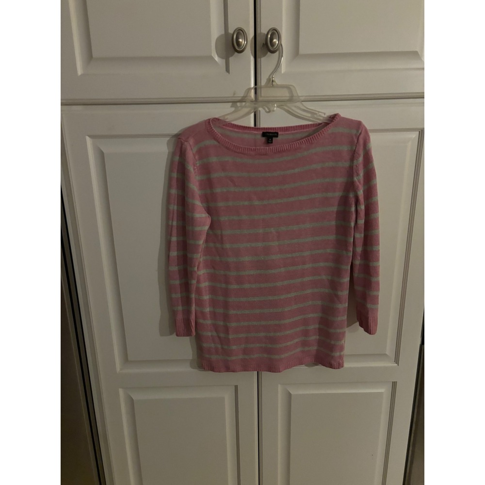 Talbots Womens Pink Green Striped Boat Neck Long Sleeve Knit Sweater Size M lnen